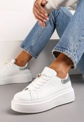 Biało-Srebrne Sneakersy z Brokatową Wstawką i Cyrkonią przy Sznurówkach Wineta. Białe obuwie sportowe damskie Renee, bez zapięcia. Za 74.99 zł.