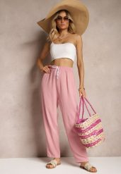 Ciemnoróżowe Szerokie Spodnie z Bawełny ze Sznurkiem w Talii Vrumelia. Czerwone spodnie materiałowe damskie Renee, bez wzorów, z bawełny. Za 29.99 zł.