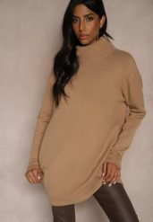 Beżowy Casualowy Golf Oversize z Wiskozą i Modalem Emira. Brązowe golfy damskie Renee, m, bez wzorów, z wiskozy, bez ramiączek. Za 79.99 zł.