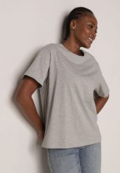 Szary T-shirt z Bawełny Typu Oversize Nedika. Szare t-shirty damskie Born2be, m, bez wzorów, z bawełny, bez kołnierzyka. Za 39.99 zł.