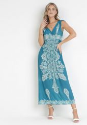 Zielona Sukienka w Stylu Boho z Gumką w Talii i Sznurkami przy Ramionach Niree. Zielone sukienki damskie Born2be, bez wzorów, boho, bez ramiączek. Za 99.99 zł.