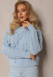 Niebieski Grubo Pleciony Sweter z Wełną i Bawełną Bavime. Niebieskie swetry klasyczne damskie Renee, l, z bawełny, bez kołnierzyka. Za 84.99 zł.