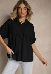 Czarna Koszula z Wiskozą Ozdobiona Falbankami Oleldi. Czarne koszule damskie Renee, bez wzorów, z jeansu, eleganckie, bez kołnierzyka, bez ramiączek. Za 59.99 zł.