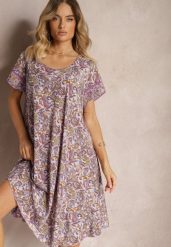 Fioletowa Rozkloszowana Sukienka z Wiskozy w Kwiaty Rivanira. Fioletowe sukienki damskie Renee, bez wzorów, z materiału, bez ramiączek. W wyprzedaży za 41.99 zł.