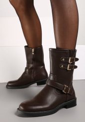 Brązowe Motocyklowe Botki Zdobione Klamrami przy Cholewce Tatilda. Brązowe botki damskie Renee, z jeansu, eleganckie, bez obcasa, na obcasie, bez zapięcia. Za 149.99 zł.