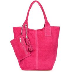 Shopperka skórzana VERA PELLE różowa T49. Czerwone shopper bag bez wzorów, ze skóry, bez dodatków. Za 208.99 zł.