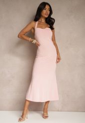 Różowa Koktajlowa Sukienka Taliowana z Wiskozą Folarose. Czerwone sukienki damskie Renee, bez wzorów, z wiskozy, eleganckie, bez ramiączek. W wyprzedaży za 71.99 zł.