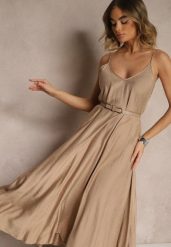 Ciemnobeżowa Wiskozowa Sukienka o Rozkloszowanym Kroju Ozdobiona Cyrkoniami Tosnaria. Brązowe sukienki damskie Renee, bez wzorów, z wiskozy, eleganckie, bez ramiączek. W wyprzedaży za 67.99 zł.