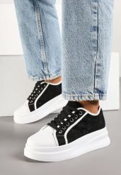 Czarno-Białe Sneakersy na Platformie z Koronkową Cholewką Falendriela. Czarne obuwie sportowe damskie Renee, z jeansu, bez zapięcia. Za 59.99 zł.