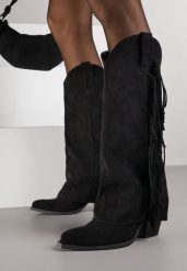 Czarne Kozaki Kowbojki na Obcasie z Wywiniętą Cholewką z Frędzlami Monasatia. Czarne kozaki damskie Born2be, z dzianiny, bez obcasa, na obcasie, bez zapięcia. Za 179.99 zł.