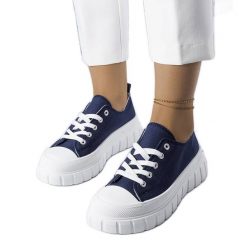 Granatowe trampki na platformie Bellemare niebieskie. Niebieskie trampki damskie bez wzorów, z gumy, bez zapięcia. Za 78.89 zł.