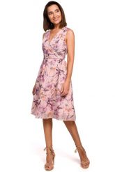 Sukienka w Kwiaty z Podkreśloną Talią - Model 2. Brązowe sukienki damskie MOE, bez wzorów, z materiału, bez ramiączek. Za 309.90 zł.