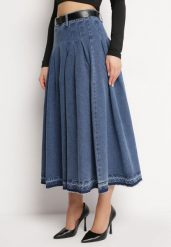 Granatowa Spódnica Jeansowa Rozkloszowana z Paskiem z Ekoskóry Nalier. Niebieskie spódnice damskie Born2be, na co dzień, m, bez wzorów, z jeansu, eleganckie, maxi. Za 139.99 zł.