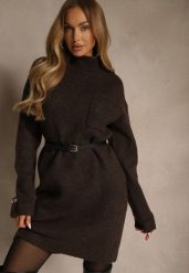 Brązowa Sukienka z Półgolfem z Dzianiny z Wiskozą i Dodatkiem Wełny Nessla. Brązowe sukienki damskie Renee, bez wzorów, z dzianiny, eleganckie, bez ramiączek. Za 139.99 zł.