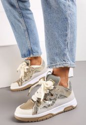 Złote Sneakersy Ozdobione Brokatem z Oryginalnym Sznurowaniem Patricie. Żółte obuwie sportowe damskie Renee, bez zapięcia. Za 109.99 zł.