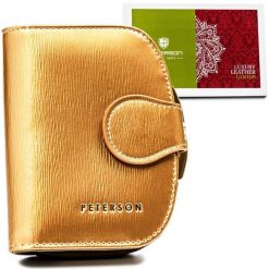 Portfel damski Peterson PTN 43972-SH złoty. Żółte portfele damskie Peterson, bez wzorów, ze skóry. Za 97.99 zł.