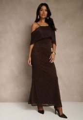 Brązowa Sukienka o Asymetrycznym Kroju Ozdobiona Falbaną Owedia. Brązowe sukienki damskie Renee, bez wzorów, z poliesteru, eleganckie, bez ramiączek. Za 189.99 zł.