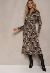 Czarno-Beżowa Sukienka o Koszulowym Fasonie w Ornamentalny Wzór Mesiena. Czarne sukienki damskie Renee, bez wzorów, z wiskozy, eleganckie, bez ramiączek. W wyprzedaży za 143.99 zł.