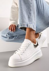 Biało-Złote Sneakersy na Grubej Podeszwie z Perforacją i Ozdobą Gumowym Misiem Aireth. Białe obuwie sportowe damskie Renee, z gumy, bez zapięcia. Za 99.99 zł.
