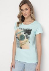 Miętowy Bawełniany T-shirt z Prostokątnym Nadrukiem i Brokatem Silpa. Zielone t-shirty damskie Born2be, l, bez wzorów, z bawełny, bez kołnierzyka. Za 49.99 zł.