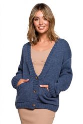 Krótki sweter rozpinany z wełną zapinany na guziki granatowy. Niebieskie kardigany damskie Polskie swetry, l, bez wzorów, z nylonu. Za 259.00 zł.