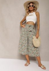 Zielone Spodnie z Szerokimi Nogawkami High Waist z Bawełną Paskiem i Gumką w Talii Drosofia. Zielone rurki damskie Renee, bez wzorów, z bawełny, z podwyższonym stanem. Za 44.99 zł.