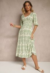 Zielono-Kremowa Sukienka Boho Rozkloszowana z Wiskozy z Odkrytymi Plecami Tuvria. Zielone sukienki damskie Renee, bez wzorów, z wiskozy, boho, bez ramiączek. W wyprzedaży za 63.99 zł.