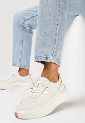 Beżowe Sneakersy ze Skóry Naturalnej na Platformie Rilafi. Brązowe obuwie sportowe damskie Born2be, ze skóry, bez zapięcia. Za 189.99 zł.