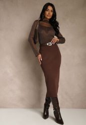 Brązowa Spódnica o Ołówkowym Kroju z Wiskozą z Paskiem i Rozcięciem Saweda. Brązowe spódnice damskie Renee, na co dzień, m, bez wzorów, z wiskozy, eleganckie, midi. Za 89.99 zł.