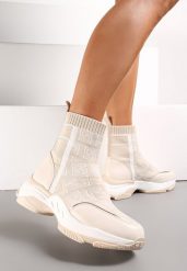 Beżowe Skarpetkowe Sneakersy na Płaskiej Grubej Podeszwie Parnelia. Brązowe obuwie sportowe damskie Renee, bez zapięcia. Za 59.99 zł.