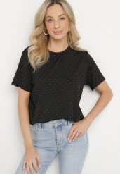 Czarny T-shirt z Wiskozą i Cyrkoniami Sanistria. Czarne t-shirty damskie Born2be, l, bez wzorów, z jeansu, bez kołnierzyka. Za 74.99 zł.