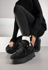 Czarne Sznurowane Sneakersy Śniegowce na Grubej Podeszwie Vamitte. Czarne obuwie sportowe damskie Born2be, z jeansu, bez zapięcia, trekkingowe. Za 109.99 zł.