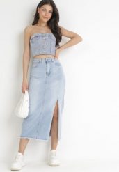 Niebieska Jeansowa Spódnica Maxi z Rozcięciem Lenama. Niebieskie spódnice damskie Born2be, m, bez wzorów, z jeansu, maxi. Za 119.99 zł.