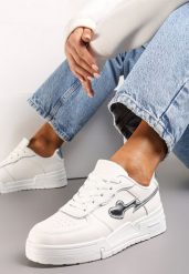 Białe Sznurowane Sneakersy na Grubej Podeszwie z Brokatowym Zdobieniem Anaieli. Białe obuwie sportowe damskie Renee, bez zapięcia. Za 99.99 zł.