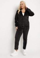 Czarny Komplet Dresowy Rozpinana Bluza z Paskami i Spodnie Dorwia. Czarne bluzy damskie Born2be, xl, z aplikacjami, z dresówki, bez kaptura. Za 69.99 zł.