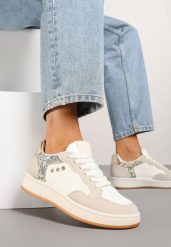 Beżowe Sneakersy z Ozdobnymi Przeszyciami w Streetwearowym Stylu Neoniela. Brązowe obuwie sportowe damskie Born2be, z jeansu, bez zapięcia. Za 89.99 zł.