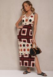 Beżowo-Brązowa Szydełkowa Sukienka z Bawełny o Dopasowanym Fasonie Atenissa. Brązowe sukienki damskie Renee, bez wzorów, z bawełny, boho, bez ramiączek. W wyprzedaży za 187.99 zł.