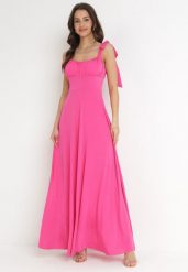 Ciemnoróżowa Rozkloszowana Sukienka Maxi z Wiązanymi Ramiączkami Lisija. Czerwone sukienki damskie Born2be, bez wzorów, eleganckie, bez ramiączek. Za 189.99 zł.