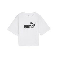 Damska luźna koszulka z logo NO.1 ESS Cropped PUMA. Białe bluzki damskie Puma, bez wzorów, z jeansu, sportowe, bez kołnierzyka, bez ramiączek. Za 99.00 zł.