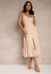 Pomarańczowa Rozkloszowana Sukienka z Wiskozą na Cienkich Ramiączkach z Guzikami Efrisela. Brązowe sukienki damskie Renee, bez wzorów, z wiskozy, eleganckie, bez ramiączek. W wyprzedaży za 99.99 zł.