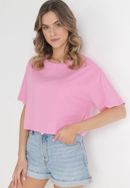 Jasnoróżowy Krótki T-shirt Oversize Lilu. Czerwone t-shirty damskie Born2be, l, bez wzorów, z bawełny, bez kołnierzyka. Za 29.99 zł.