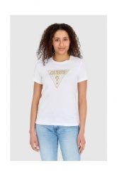 GUESS Biały t-shirt damski ze złotym haftowanym cyrkoniami logotypem slim fit, Rozmiar S. Białe t-shirty damskie Guess, s, z aplikacjami, bez kołnierzyka. W wyprzedaży za 190.99 zł.