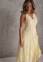 Żółta Rozkloszowana Sukienka z Koronki z Taliowaną Gorsetową Górą Apadina. Żółte sukienki damskie Renee, bez wzorów, z koronki, eleganckie, bez ramiączek. Za 199.99 zł.