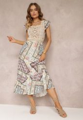 Niebiesko-Beżowa Bawełniana Sukienka z Szydełkową Wstawką i Wzorem Paisley Rynlia. Niebieskie sukienki damskie Renee, bez wzorów, z bawełny, bez ramiączek. W wyprzedaży za 55.99 zł.