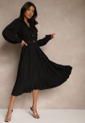 Czarna Koszulowa Sukienka z Plisowanymi Zdobieniami i Paskiem z Klamrą Efrivelle. Czarne sukienki damskie Renee, z aplikacjami, eleganckie, bez ramiączek. W wyprzedaży za 99.99 zł.