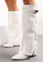 Białe Kozaki na Słupku z Wywiniętą Cholewką i Noskiem w Szpic Selvaggia. Białe kozaki damskie Renee, na zimę, z materiału, ze szpiczastym noskiem, bez obcasa, na obcasie, bez zapięcia. Za 209.99 zł.