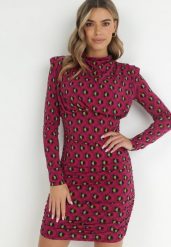 Fuksjowa Sukienka Dopasowana w Geometryczny Wzór Bozi. Czerwone sukienki damskie Born2be, bez wzorów, eleganckie, bez ramiączek. W wyprzedaży za 110.49 zł.