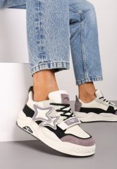 Beżowo-Fioletowe Sneakersy na Grubej podeszwie z Zapięciem na Rzep i Aplikacją na Boku Arforina. Brązowe obuwie sportowe damskie Born2be, z materiału, bez zapięcia. Za 99.99 zł.