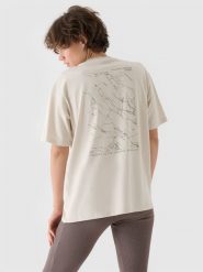 4F T-shirt oversize z nadrukiem damski - beżowy M. Brązowe t-shirty damskie 4F, m, bez wzorów, z bawełny, bez kołnierzyka. W wyprzedaży za 29.99 zł.