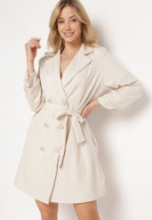 Beżowa Elegancka Sukienka Dwurzędowa w Stylu Marynarki z Materiałowym Paskiem i Marszczonymi Rękawami Weira. Brązowe sukienki damskie Born2be, bez wzorów, z materiału, biznesowe, bez ramiączek. W wyprzedaży za 144.49 zł.